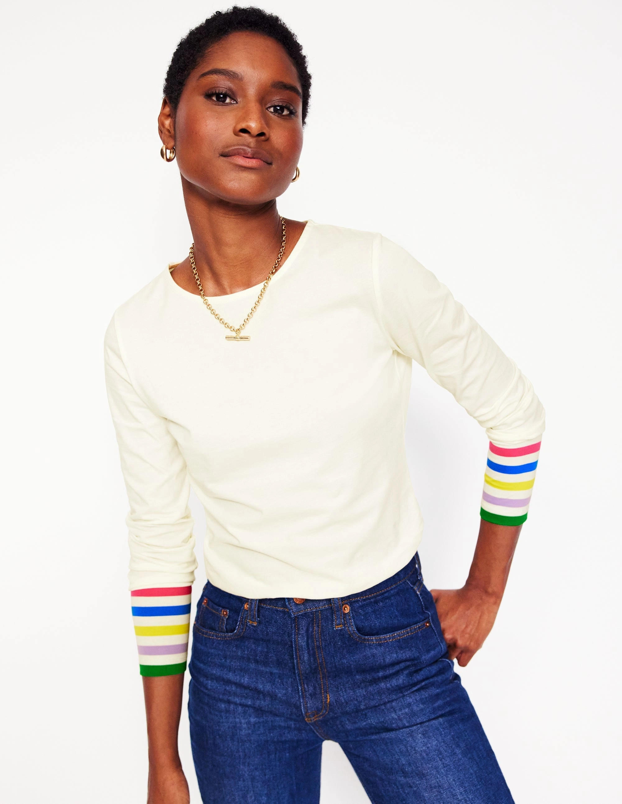 Antimicrobial Finish Stripe Cuff Top-Ivory Rainbow Stripe Cuff