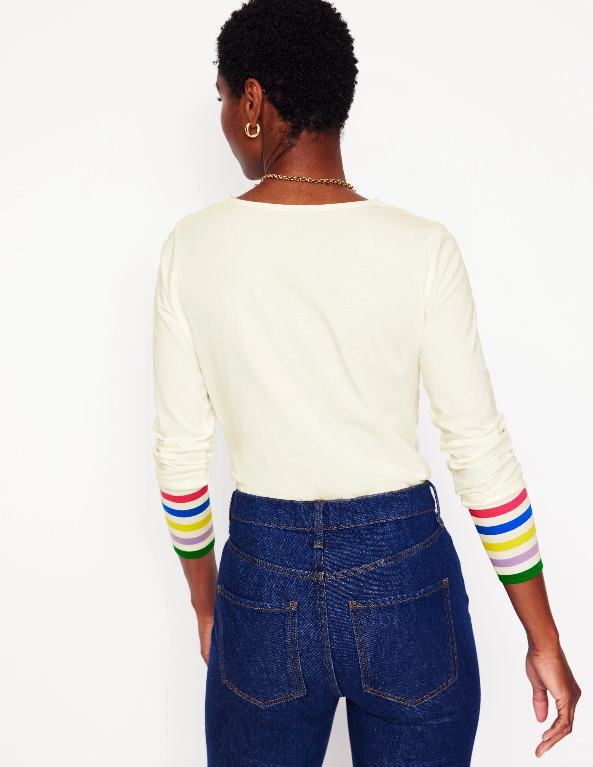 Stripe Cuff Top-Ivory Rainbow Stripe Cuff High Neckline All Purpose Casual Cut