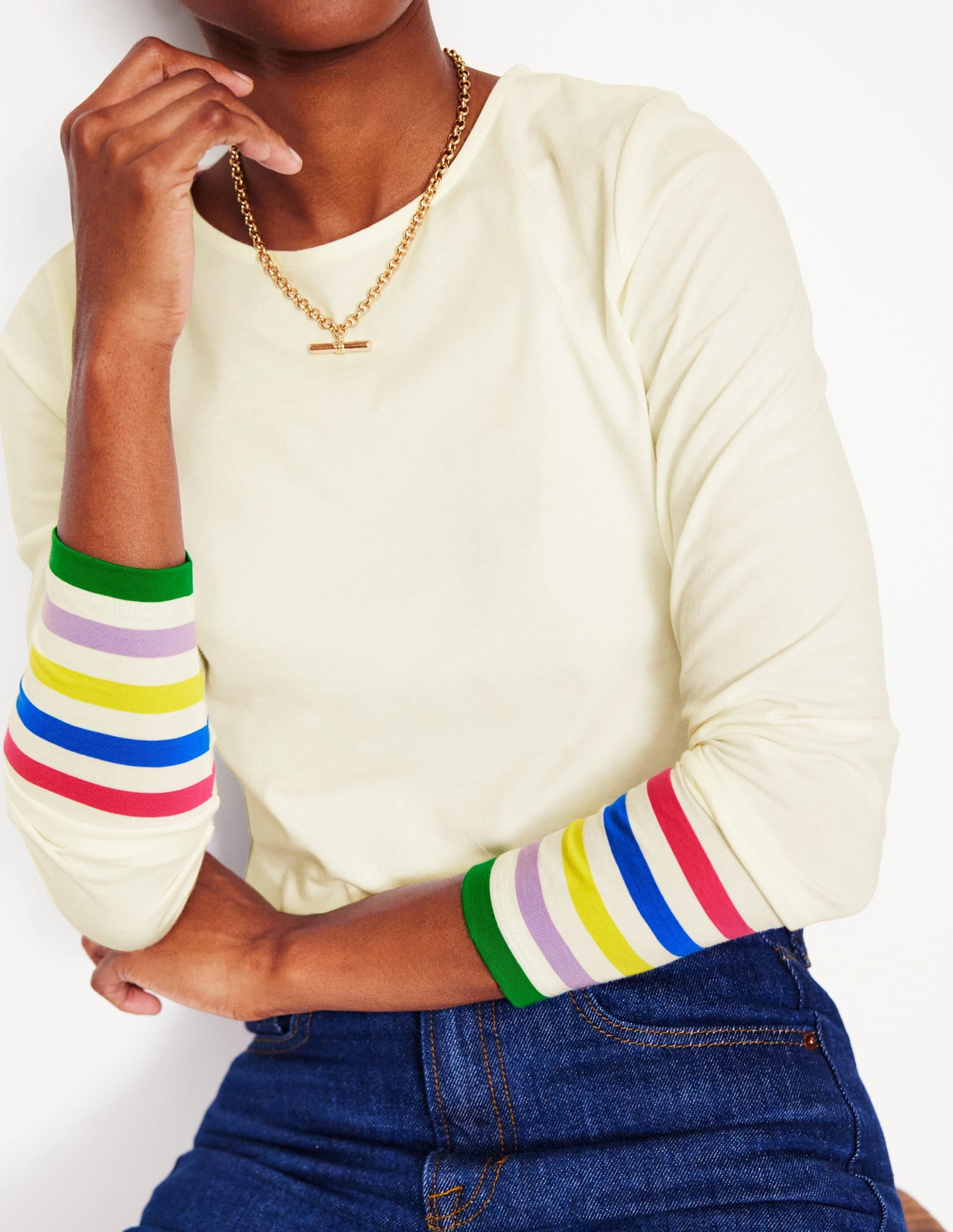 LightweightDesign Ribbed Knit Fabric Stripe Cuff Top-Ivory Rainbow Stripe Cuff