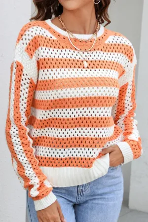 STRIPED COLOR BLOCK CREW NECK HOLLOW KNIT SWEATER DoubleLayeredFabric