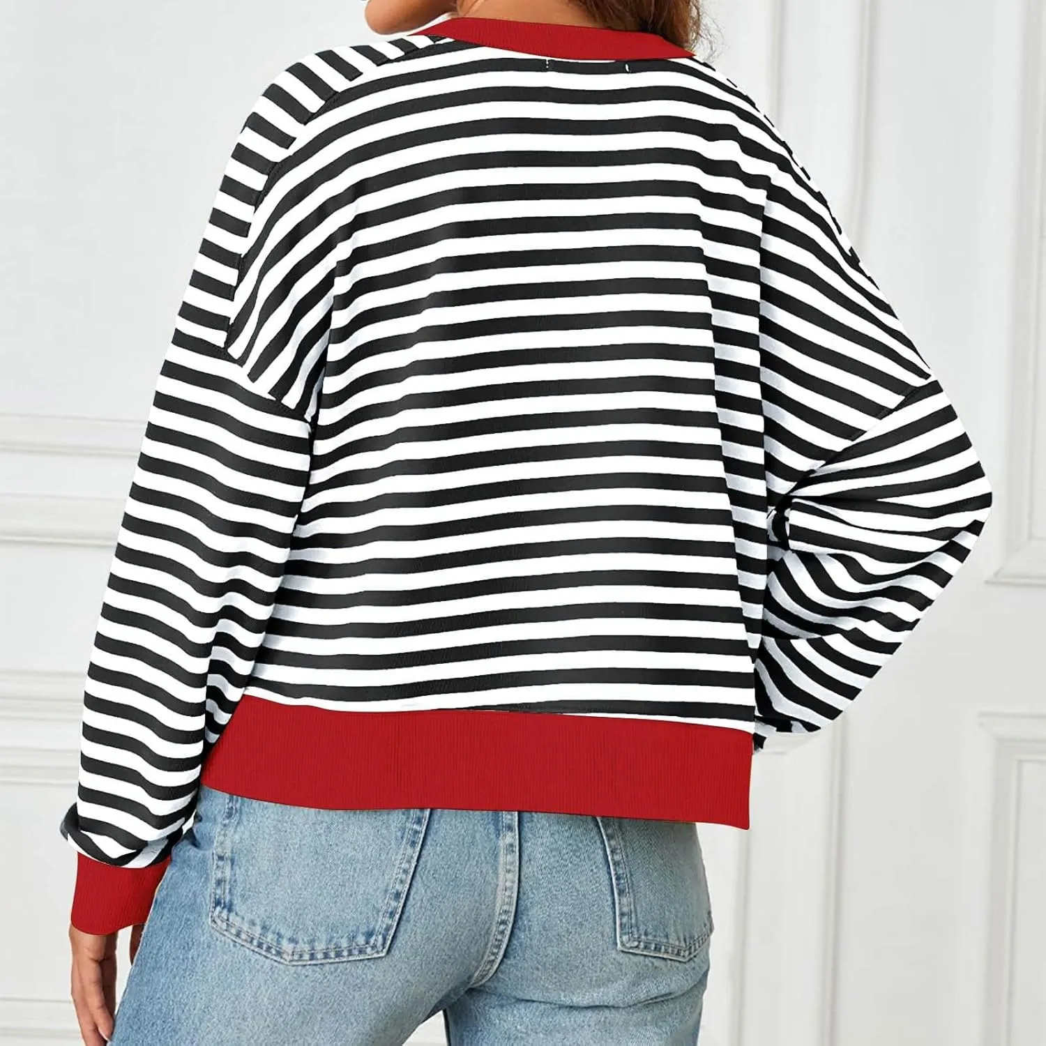 Striped Color Block Cropped Sweatshirts for Women 2025 Fall Oversized Crewneck Long Sleeve Sweater Y2K Shirt Tops