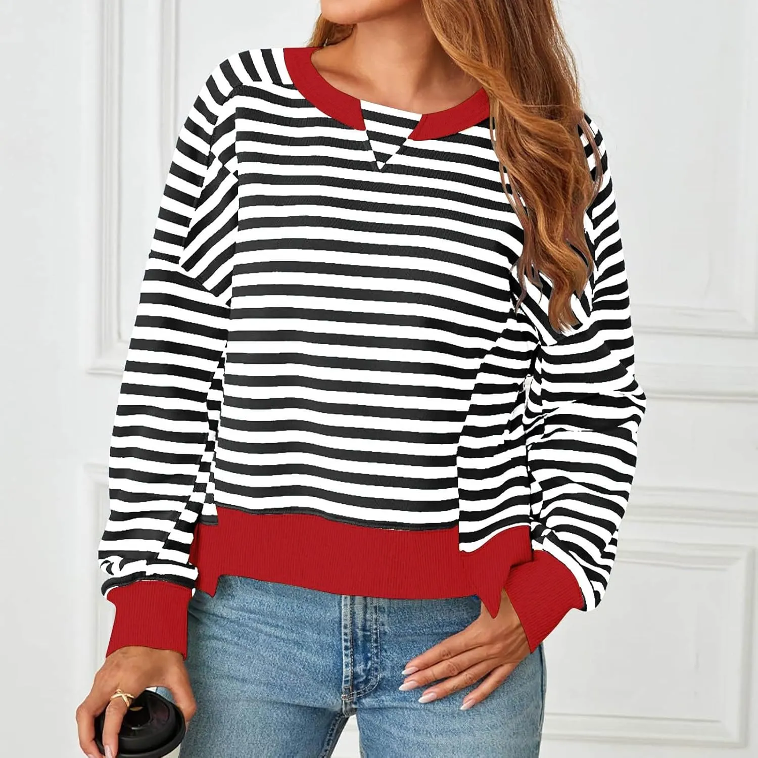 Striped Color Block Cropped Sweatshirts for Women 2025 Fall Oversized Crewneck Long Sleeve Sweater Y2K Shirt Tops