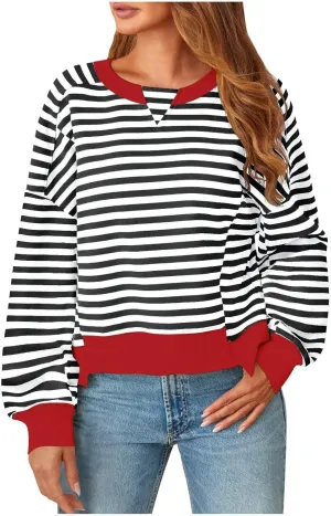Striped Color Block Cropped Sweatshirts for Women 2025 Fall Oversized Crewneck Long Sleeve Sweater Y2K Shirt Tops