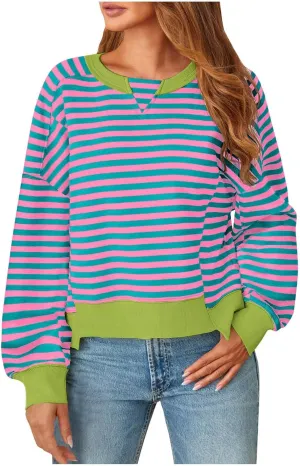 Striped Color Block Cropped Sweatshirts for Women 2025 Fall Oversized Crewneck Long Sleeve Sweater Y2K Shirt Tops