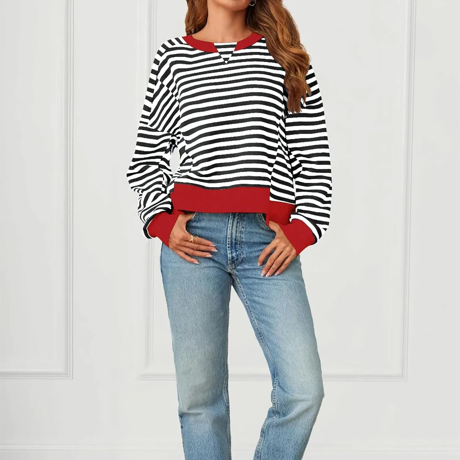 Striped Color Block Cropped Sweatshirts for Women 2025 Fall Oversized Crewneck Long Sleeve Sweater Y2K Shirt Tops