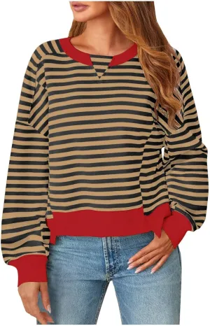 Striped Color Block Cropped Sweatshirts for Women 2025 Fall Oversized Crewneck Long Sleeve Sweater Y2K Shirt Tops