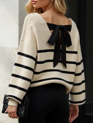 Durable Interlock Stitch casual top Striped contrast bow tie knit sweater