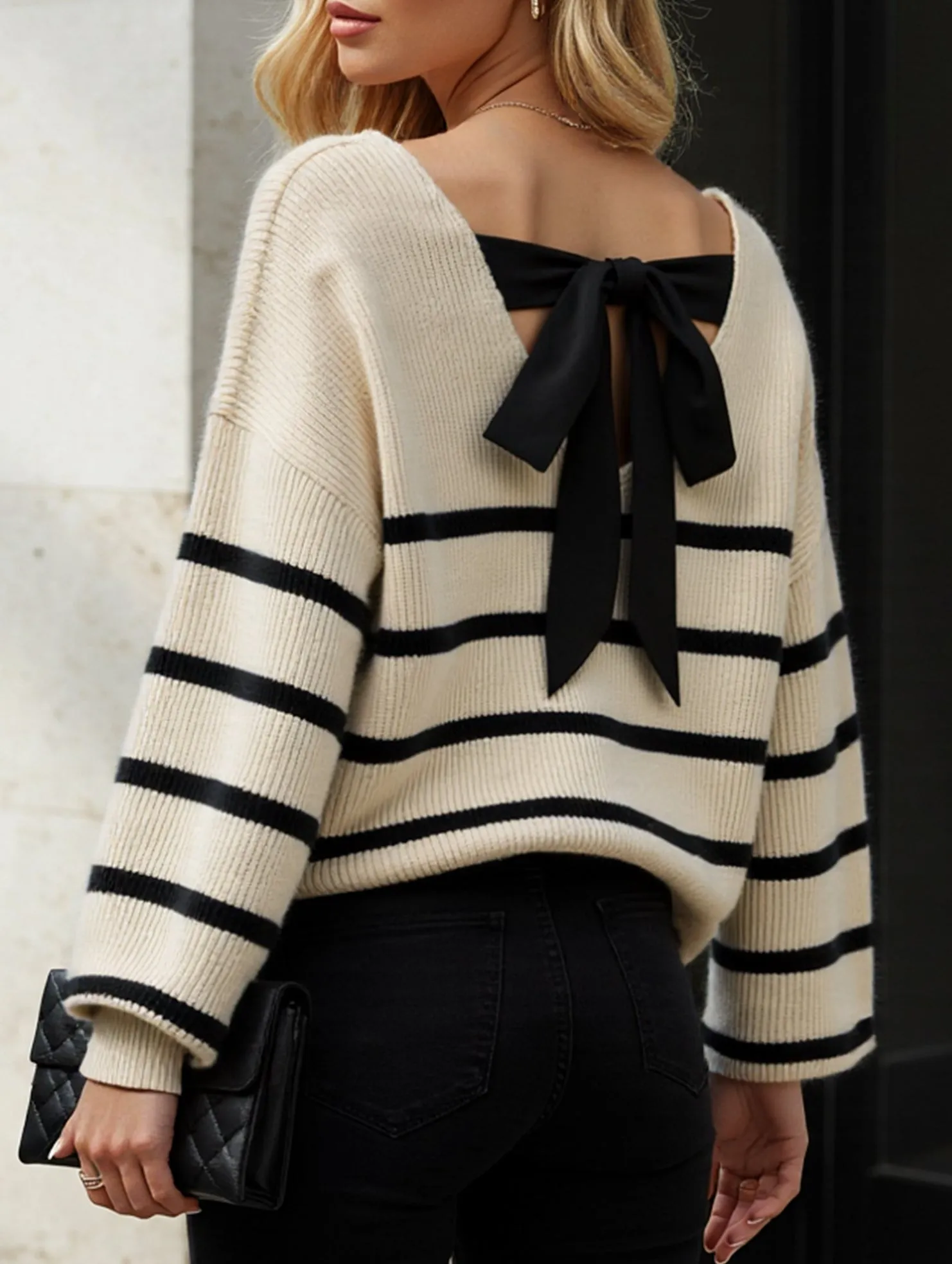 Striped contrast bow tie knit sweater Lightweight Layering Option
