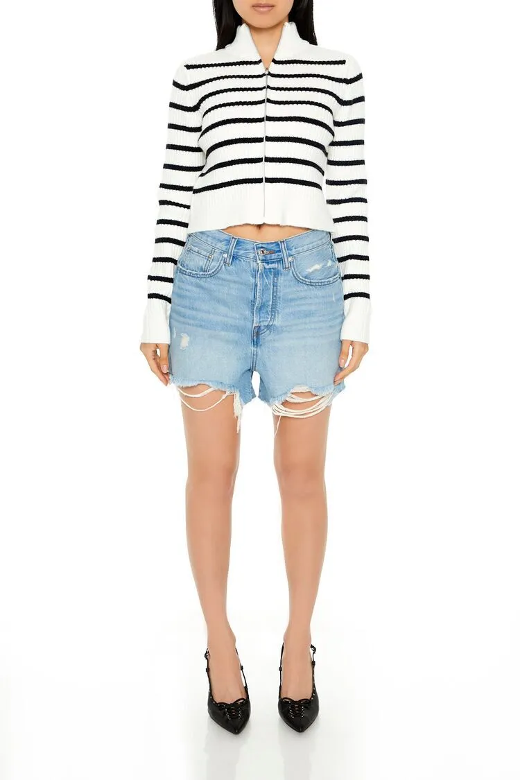 Striped Mock Neck Zip-Up Sweater