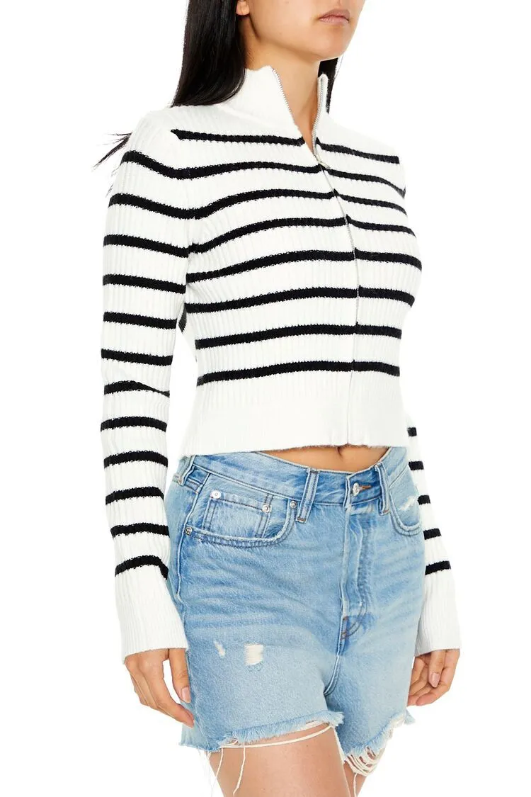 Striped Mock Neck Zip-Up Sweater