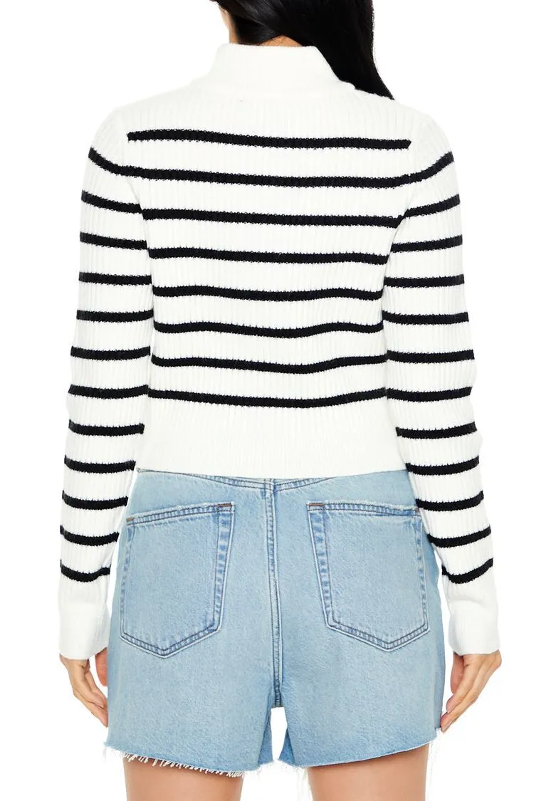 Striped Mock Neck Zip-Up Sweater