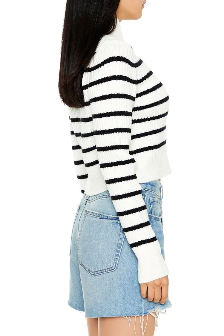 Striped Mock Neck Zip-Up Sweater