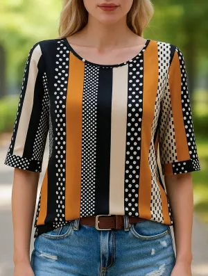 Athletic Look AllDay Comfort Tech Striped Polka-Dot Crew Neck Mid-Sleeve Top ??Trendy Printed Women??s Shirt