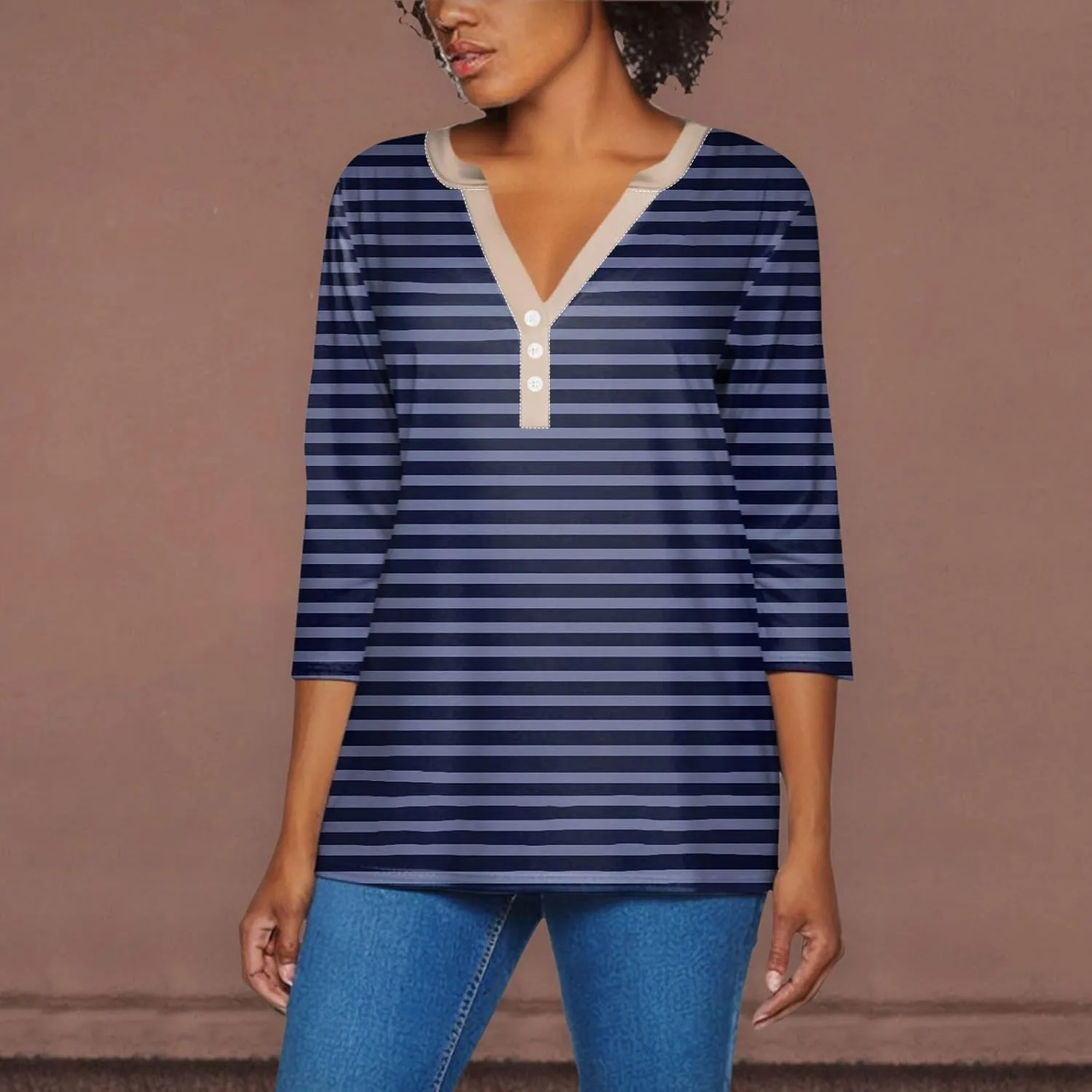 Striped Shirt Women Oversized Color Block Long Sleeve Sweatshirt Pullover Slim Henley Collar Tops Blouse Basic Tee