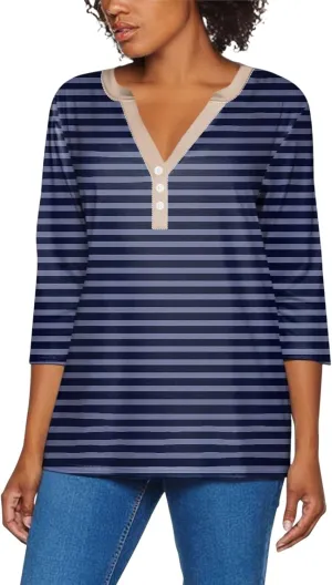 Striped Shirt Women Oversized Color Block Long Sleeve Sweatshirt Pullover Slim Henley Collar Tops Blouse Basic Tee