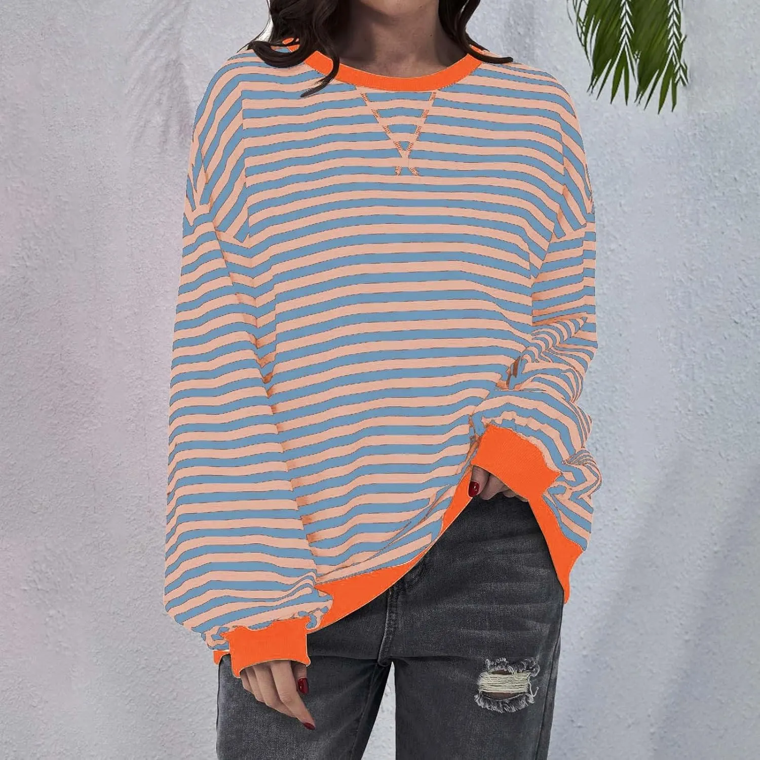 Striped Sweatshirt Women Oversized Striped Color Block Long Sleeve Crew Shirt Women Casual Loose Pullover hirt Top