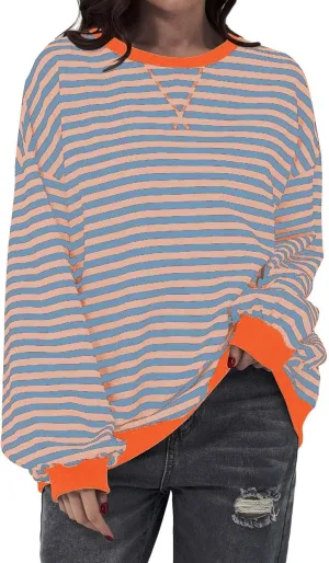 Striped Sweatshirt Women Oversized Striped Color Block Long Sleeve Crew Shirt Women Casual Loose Pullover hirt Top