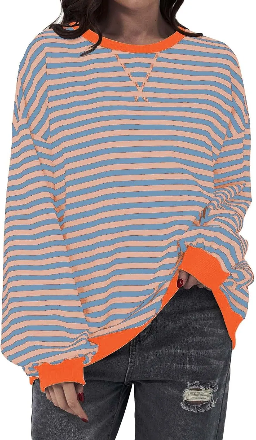Striped Sweatshirt Women Oversized Striped Color Block Long Sleeve Crew Shirt Women Casual Loose Pullover hirt Top
