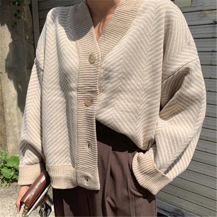Striped V-Neck Cardigan Buttons Oversize Sweater