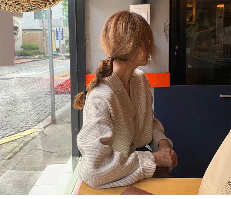 Striped V-Neck Cardigan Buttons Oversize Sweater