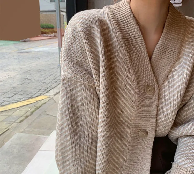 Striped V-Neck Cardigan Buttons Oversize Sweater
