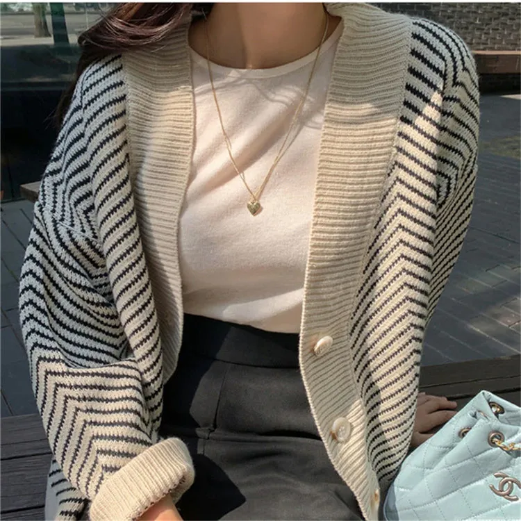 Striped V-Neck Cardigan Buttons Oversize Sweater