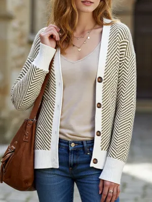 Stretchable Material LightweightConstruction Striped V-neck loose knit cardigan