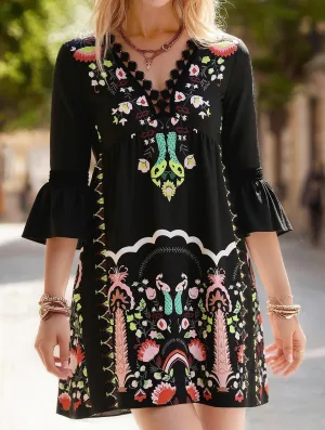Sleek Comfort Bright bold dress Women's V-Neck Lace Patchwork Printed Dress ??Elegant All-Match Summer Dress