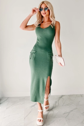 Effortlessly Cool Sleeveless Cargo Pocket Midi Dress (Green) Warm Soft Texture Rich