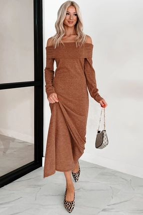 hypoallergenic Tanya Off The Shoulder Sweater Maxi Dress (Brown)