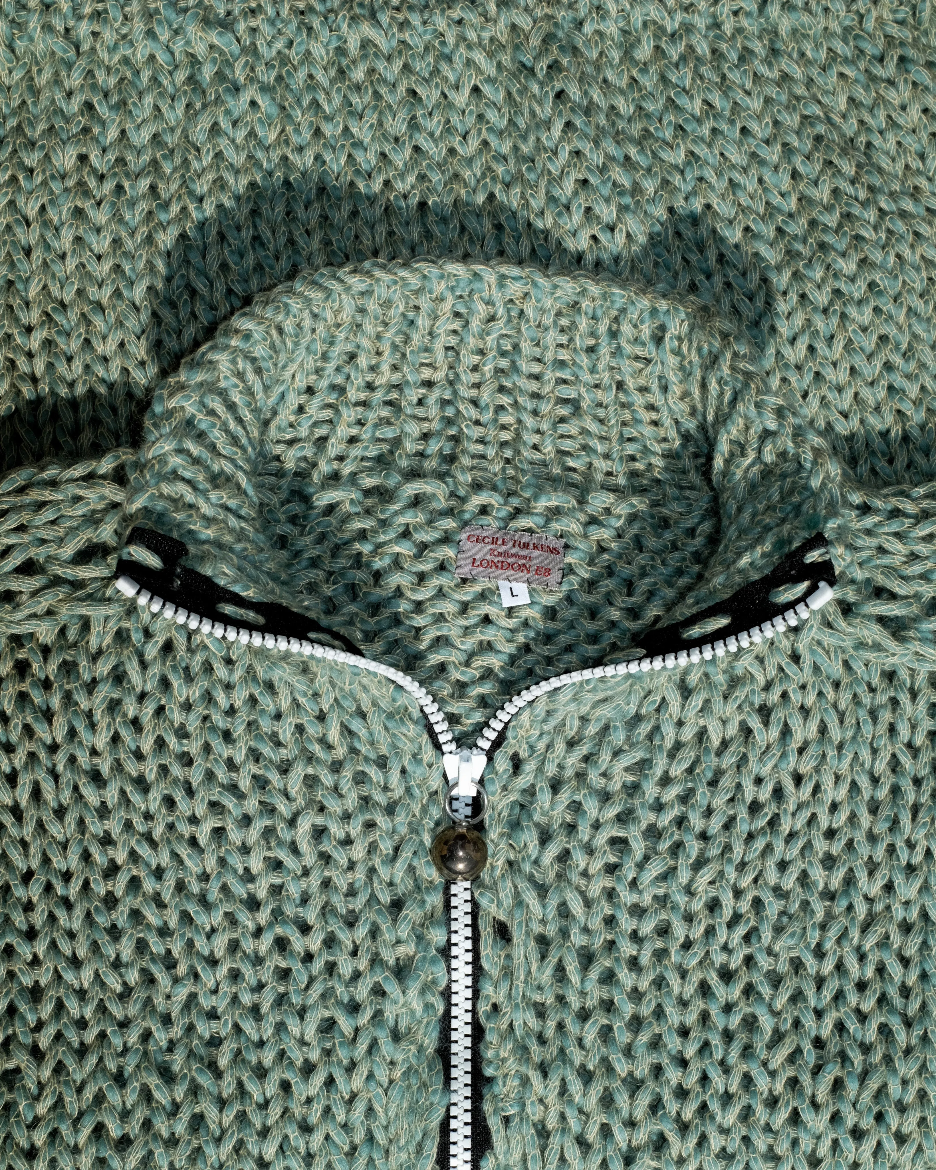 Stuffed Yarn Handknit Half Zip in Green Wool