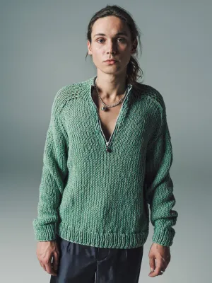 Stuffed Yarn Handknit Half Zip in Green Wool