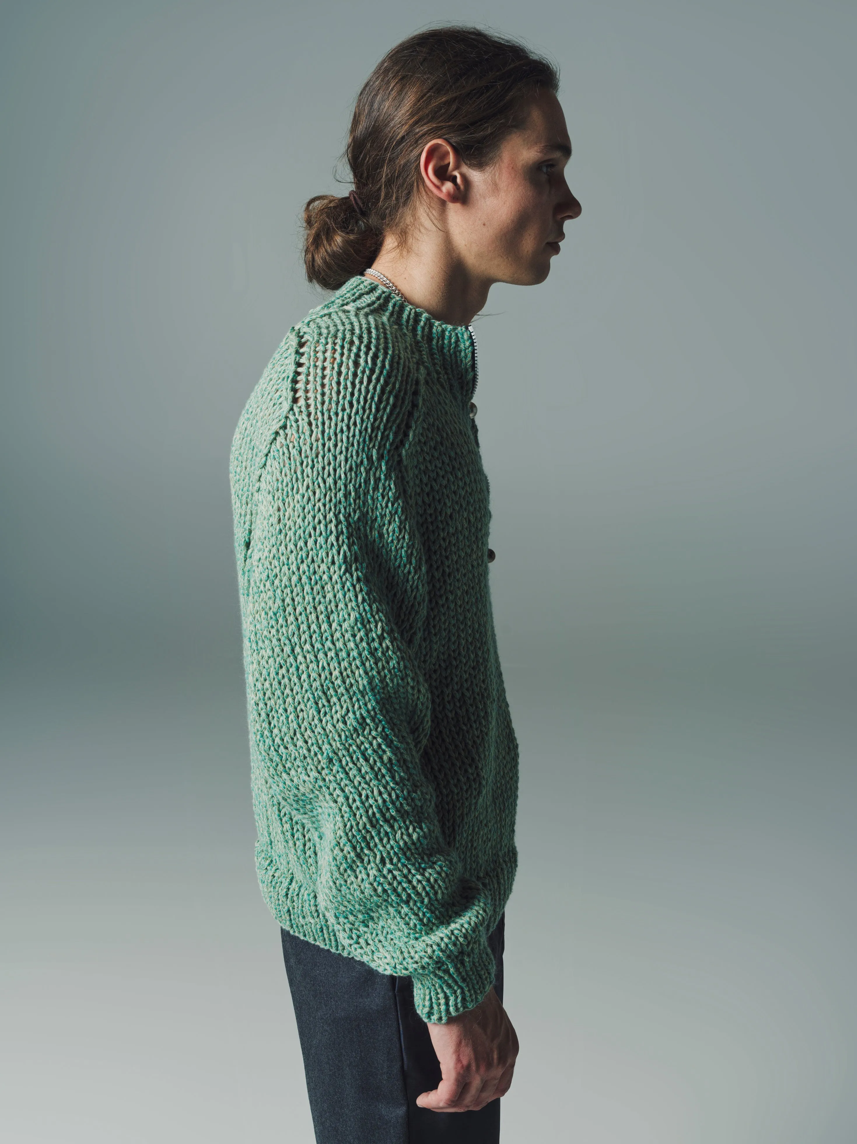 Stuffed Yarn Handknit Half Zip in Green Wool