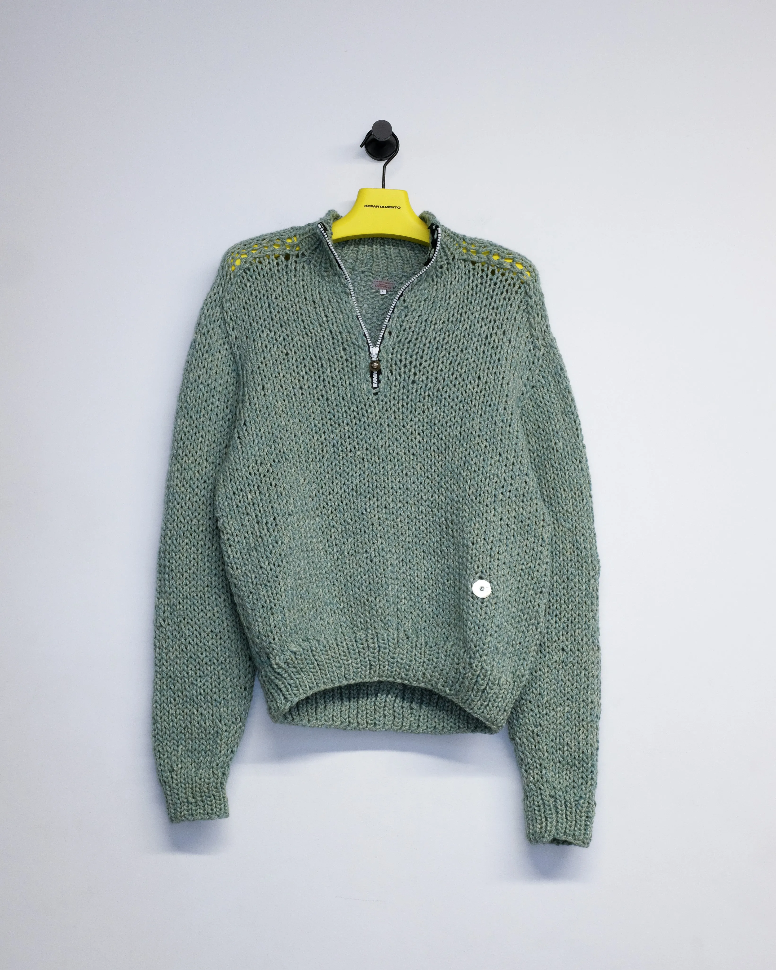 Stuffed Yarn Handknit Half Zip in Green Wool