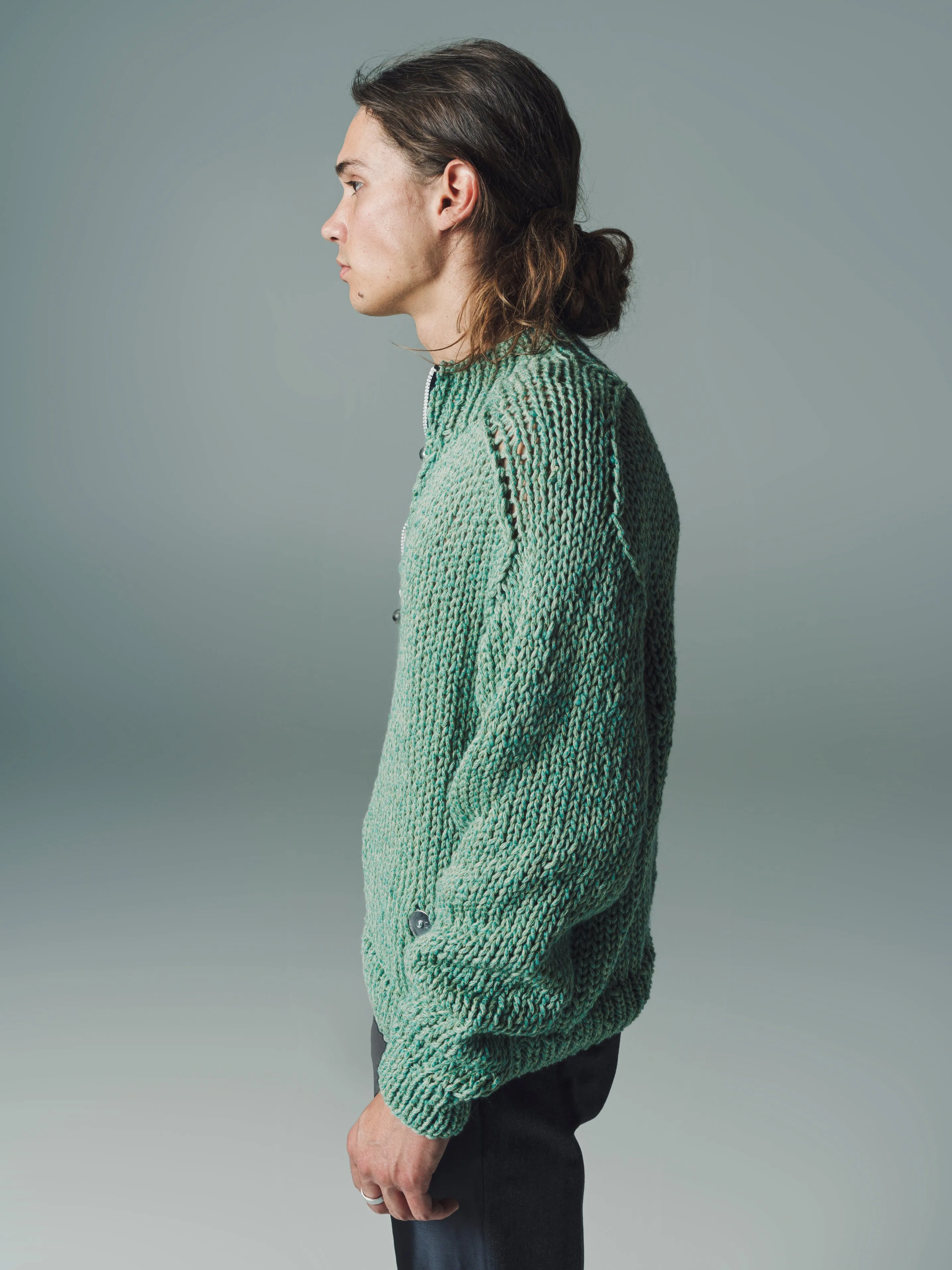Stuffed Yarn Handknit Half Zip in Green Wool