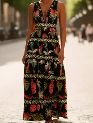 All Day Rota Boho Tropical Print Plunge V-Neck Maxi Dress ??Sleeveless Vacation Style
