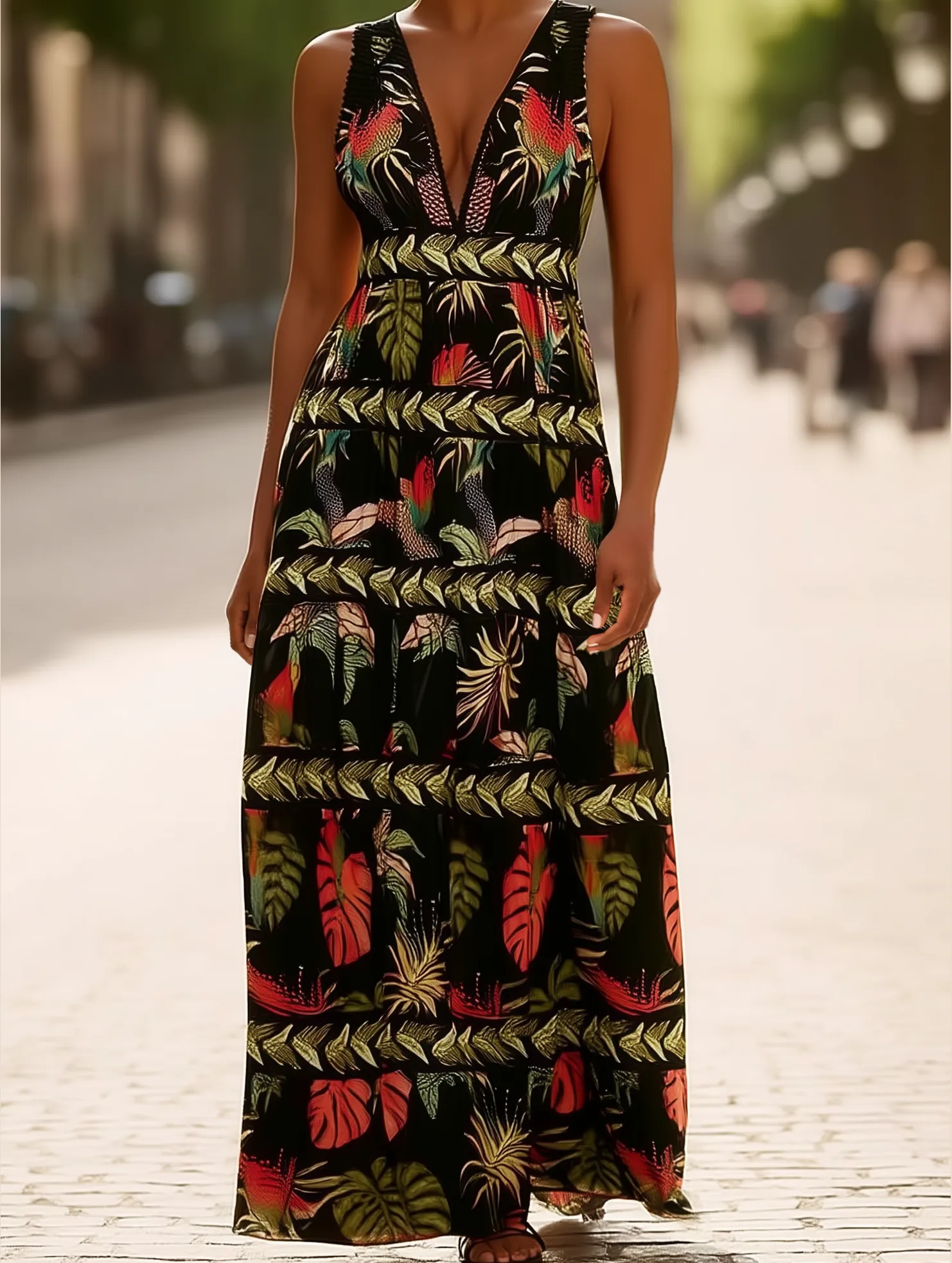 All Day Rota Boho Tropical Print Plunge V-Neck Maxi Dress ??Sleeveless Vacation Style