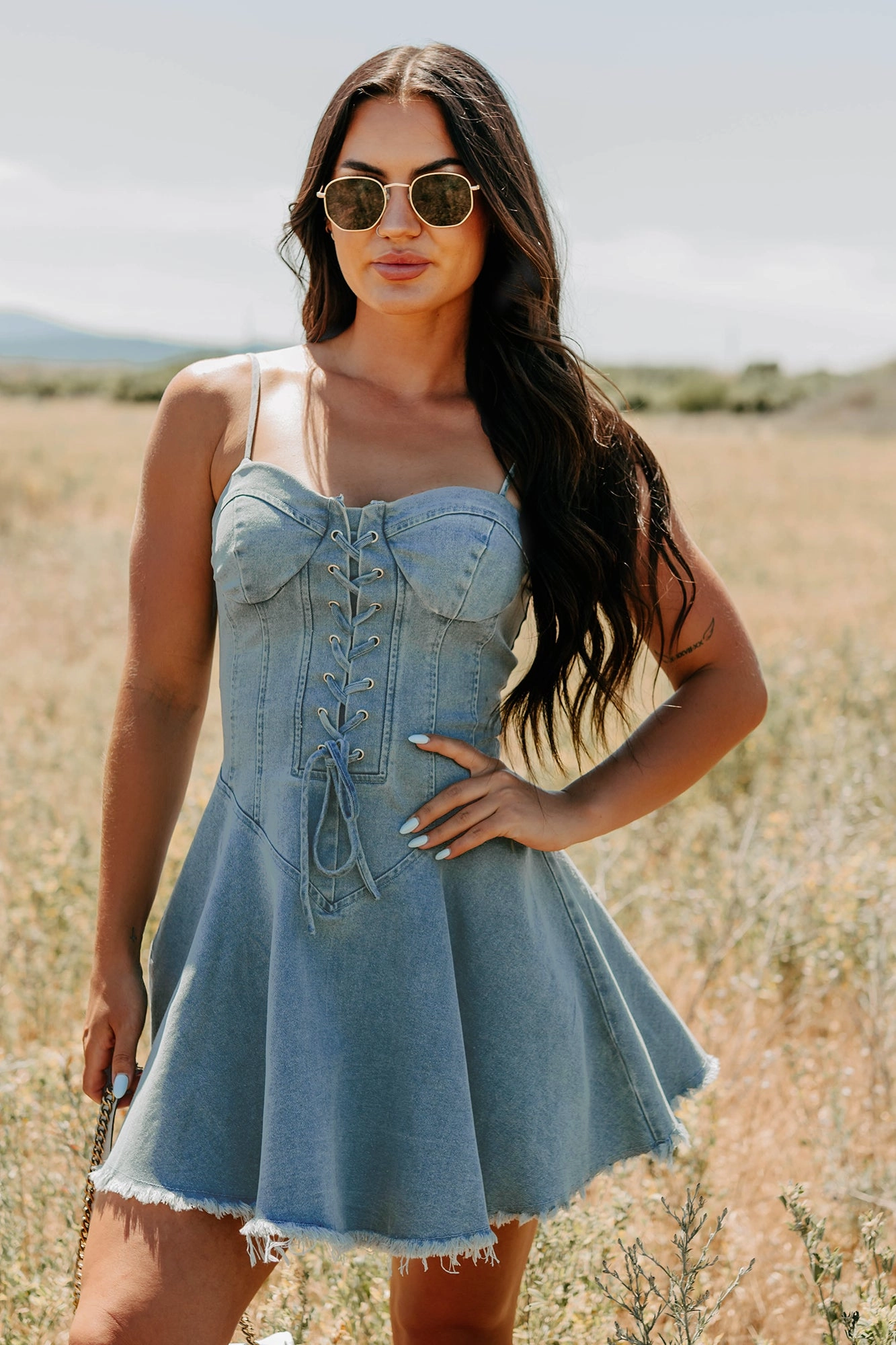 Watch Her Rise Sleeveless Denim Mini Dress (Denim) Layered Form Chic Everyday Wear