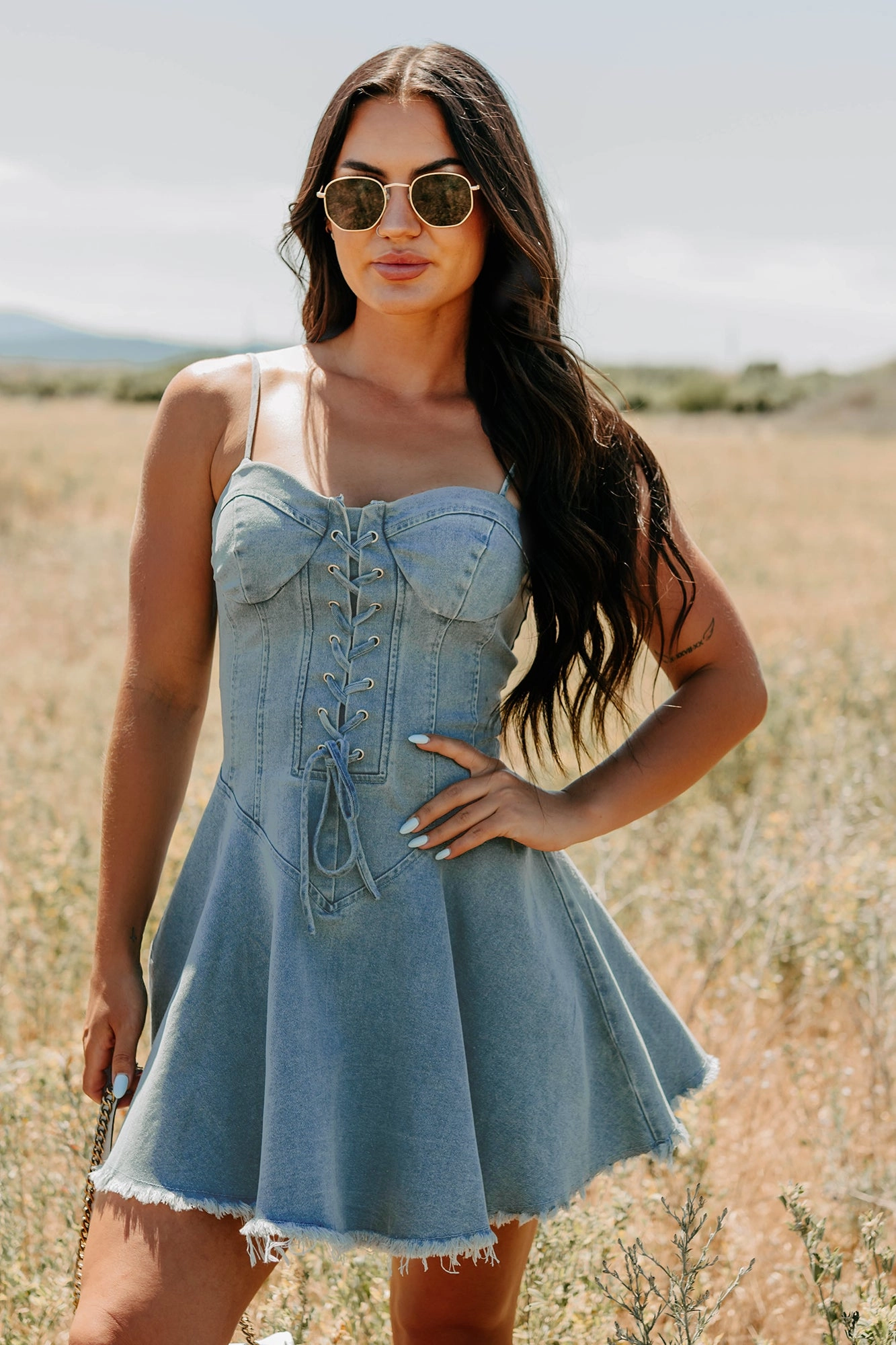 High Neckline Structure Watch Her Rise Sleeveless Denim Mini Dress (Denim)