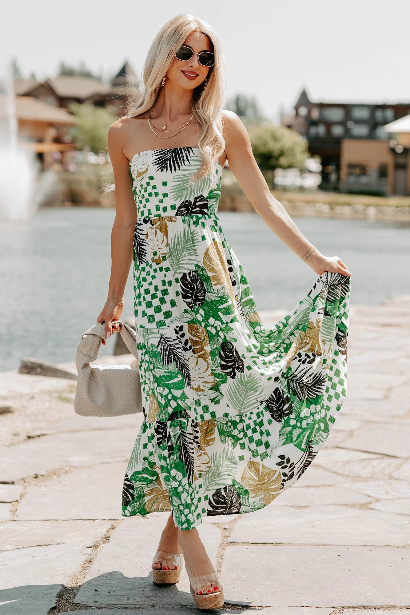 Feel It First Strapless Leaf Print Maxi Dress (Ivory/Green) museum visit Easy Fit