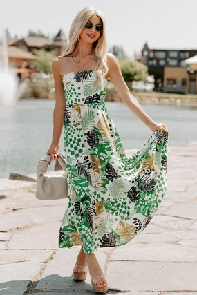 Feel It First Strapless Leaf Print Maxi Dress (Ivory/Green) Off-Shoulder