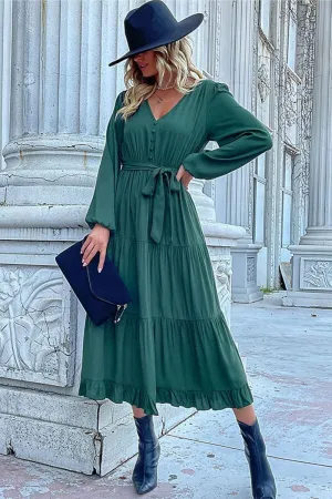 V NECK DRAWSTRING WAIST RUFFLED LONG DRESS Soft Feel