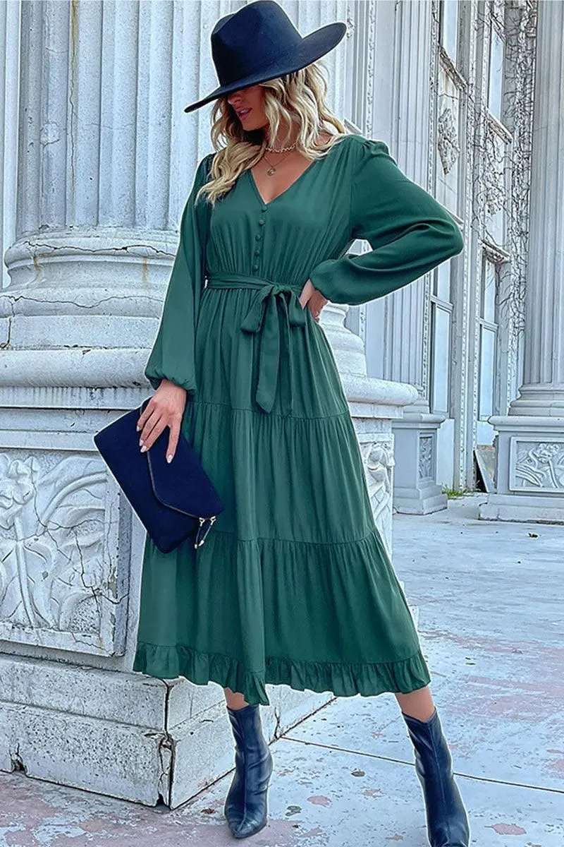 Feminine Charm Sleek and Flattering V NECK DRAWSTRING WAIST RUFFLED LONG DRESS