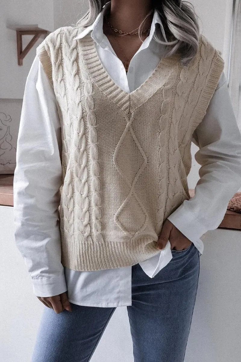 Light Deflection Fabric Garment Washed Finish WOMEN CABLE KNIT V NECK VEST SWEATER