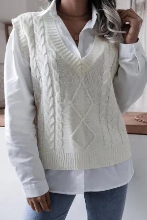 Eco Friendly Dye Process Multi Panel Cut WOMEN CABLE KNIT V NECK VEST SWEATER