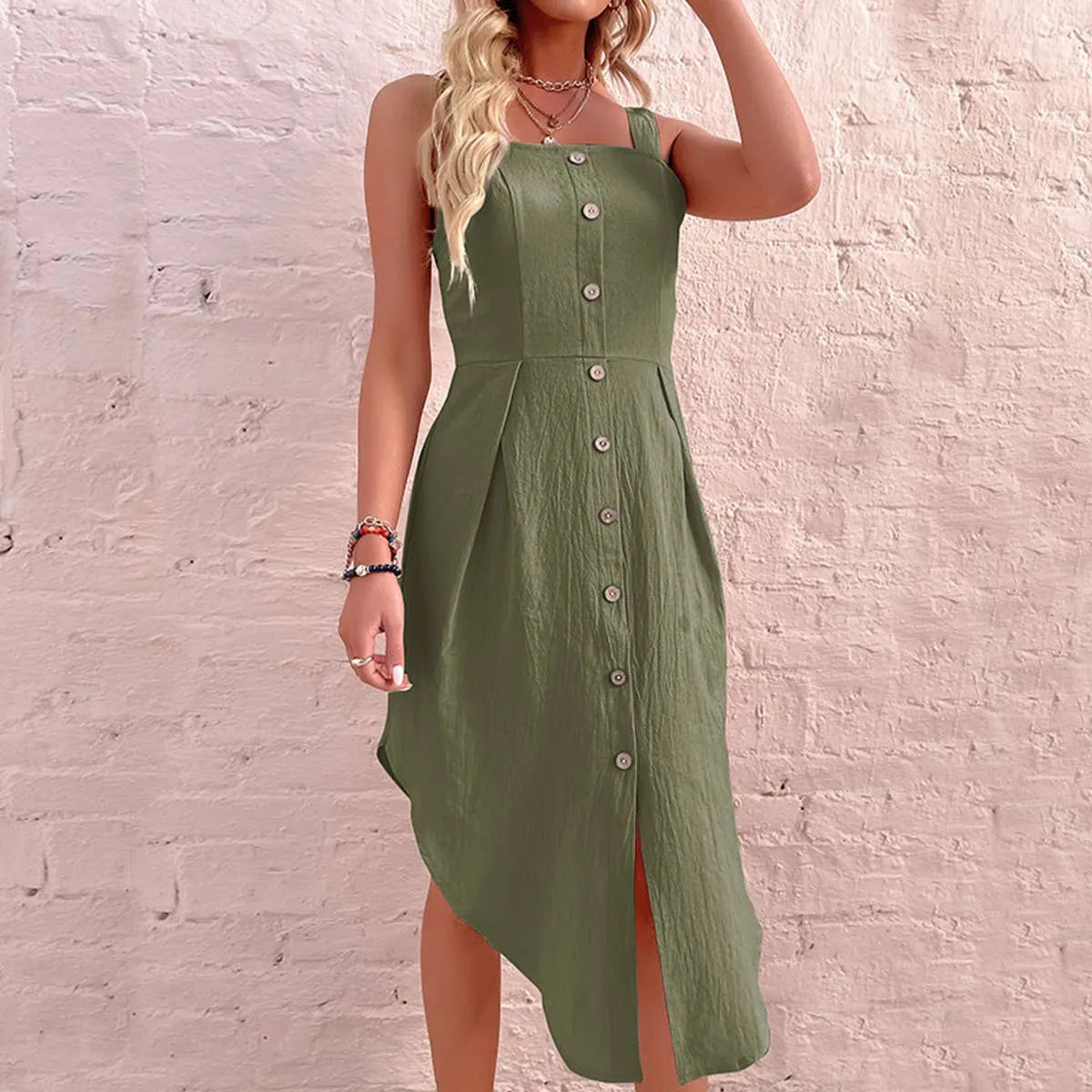 Flattering Silhouette Wear Lace Ease COTTON LINEN SLIM IRREGULAR DRESS_CWDSD3414