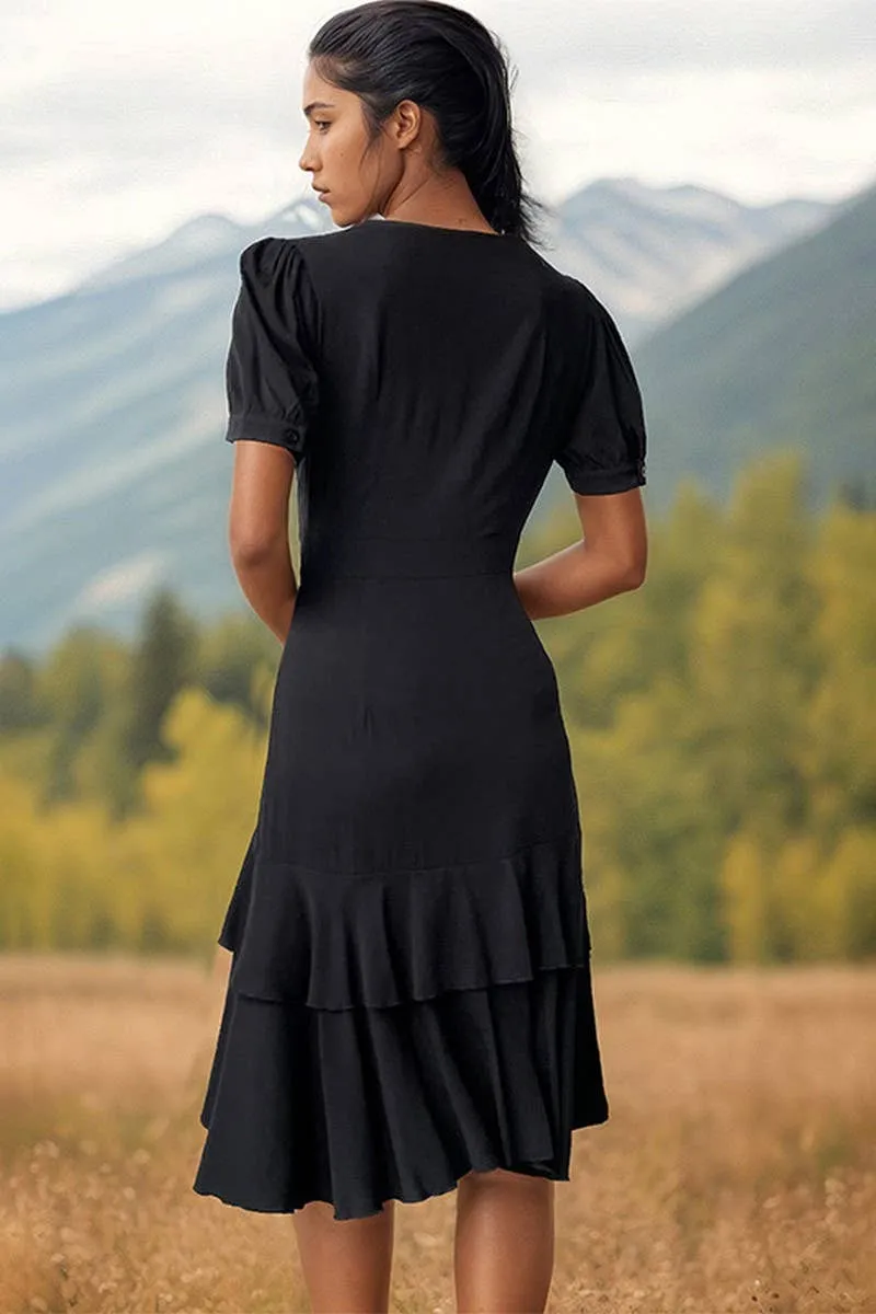 Bright Petal BUTTON SOLID COLOR IRREGULAR RUFFLED SLIM DRESS_CWDSD2903