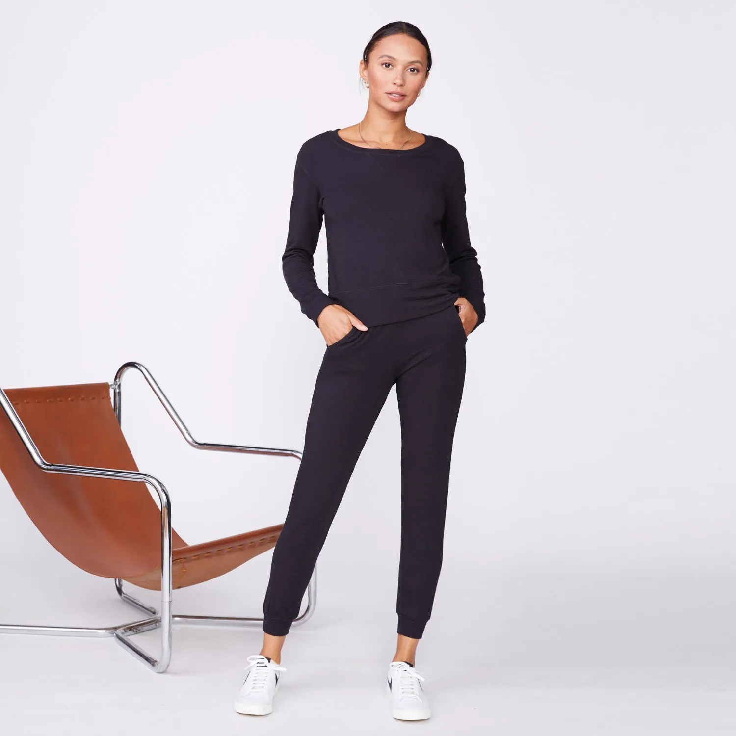 Lace-Sleeve Supersoft Crew Neck Sweatshirt