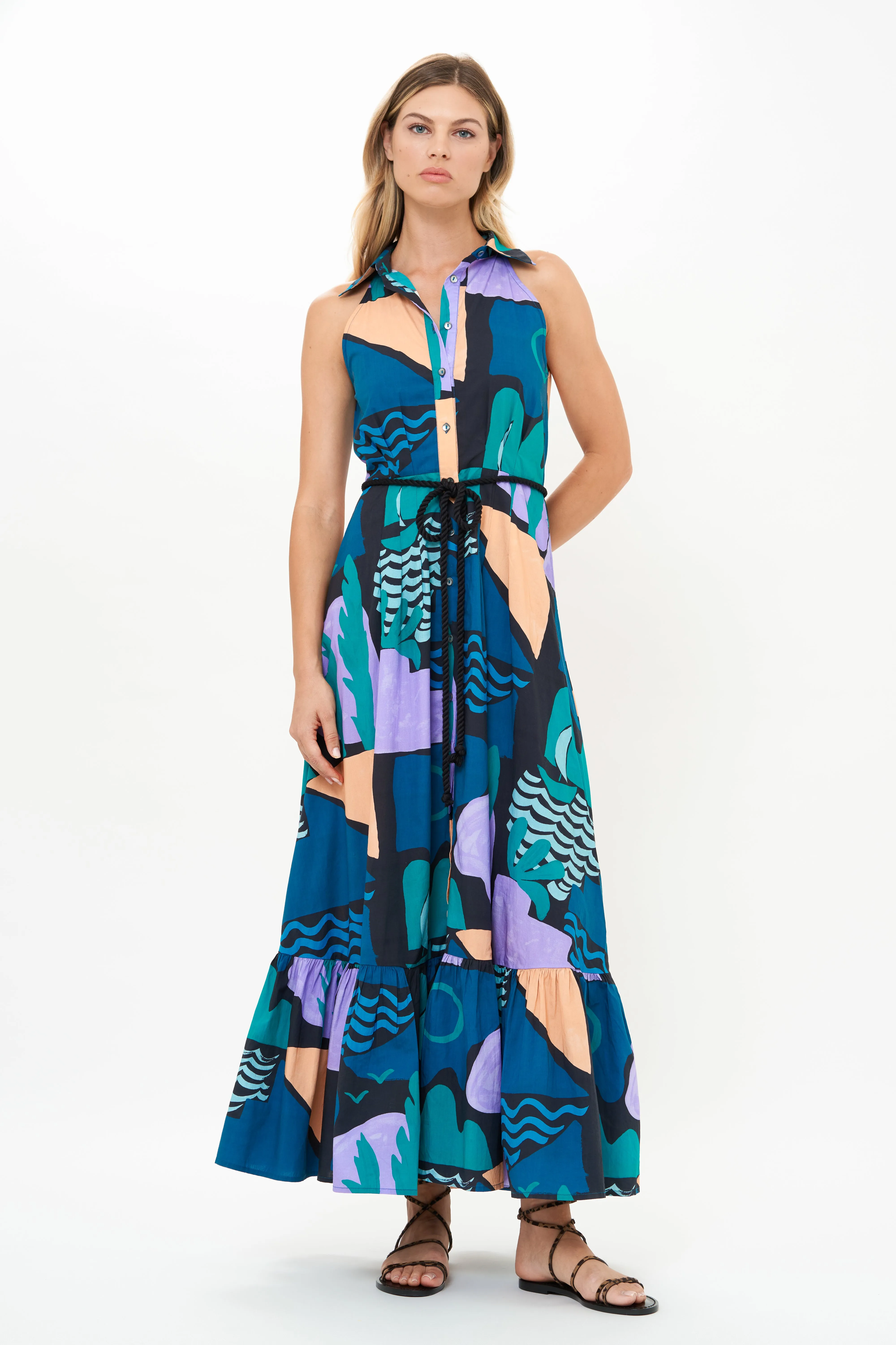 Confident Touch Art Inspired Sleeveless Shirt Dress Maxi Riviera Blue