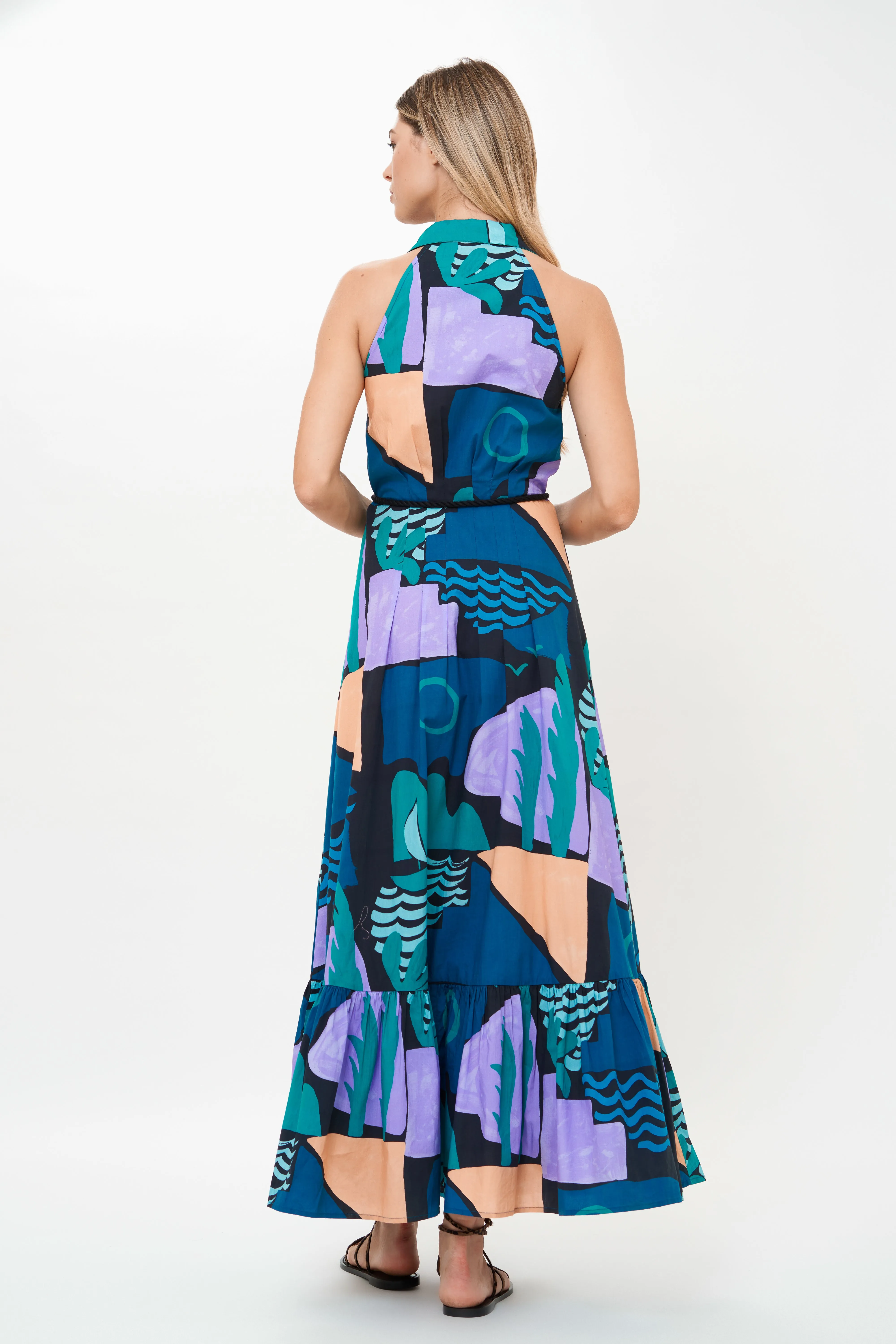 Quick Glam Lace Accent Sleeveless Shirt Dress Maxi Riviera Blue
